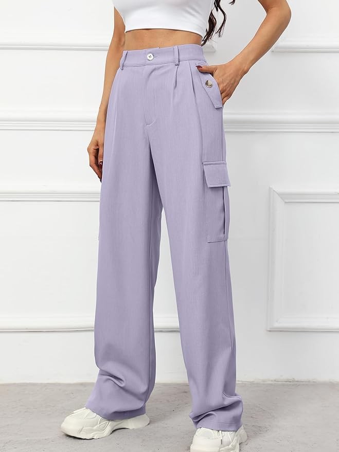 AusLook Women's Wide Leg Dress Pants with Pockets Lightweight High Waisted Adjustable Tie Knot Loose Lounge Trousers