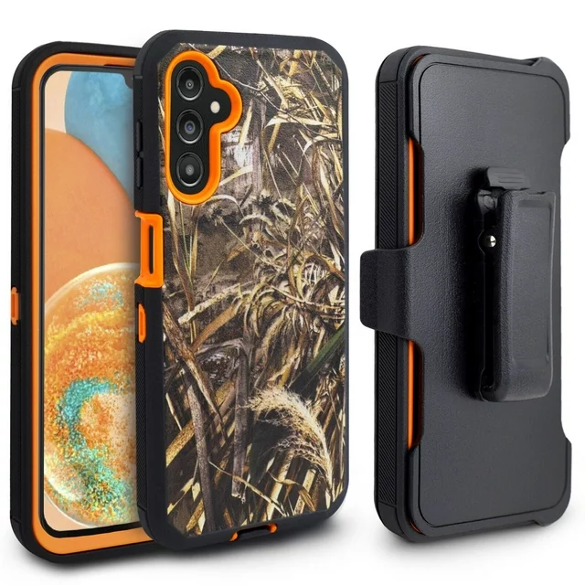 For Samsung Galaxy A14 5G Heavy Duty Rugged Dropproof Full Body Protection Phone Case with Belt Clip Holster & Built in Screen Protector - Camo Orange