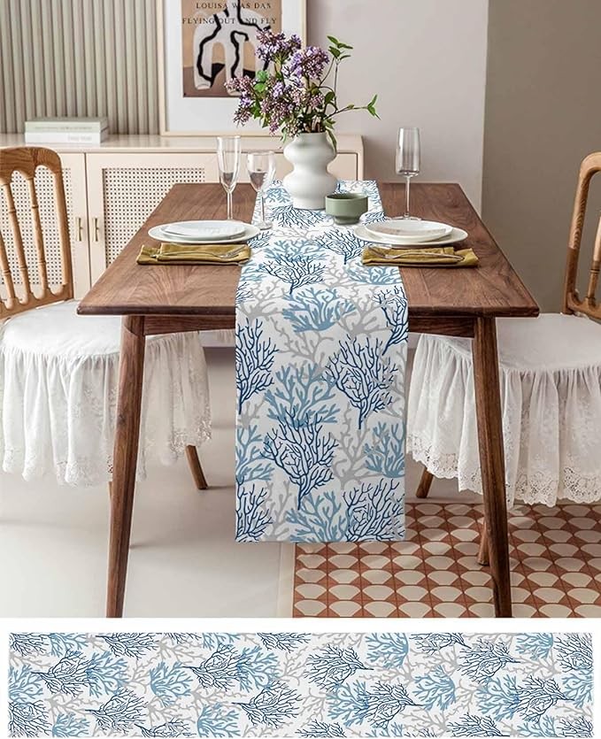 Navy Blue Coral Coastal Cotton Linen Rectangle Table Runners 13"x36", Summer Beach Seaside Nautical Coffee Table Runner Dresser Scarves Luxury Table Runners for Wedding Party Banquet Dinner Decor