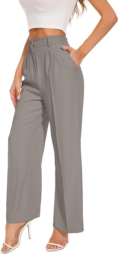 DECIVI Women Linen Low Rise Wide Leg Pants Pleated Front Casual Long Trousers with Pockets