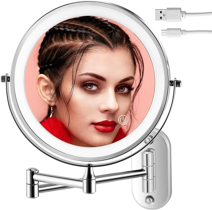 Rechargeable Wall Mounted Makeup Mirror with 3 Color Lights Touch Screen Dimmable,8 Inch Dual Sided 1X/10X Magnifying and 360° Swivel Extendable Vanity Mirror,Wall mirror for Bathroom Shaving