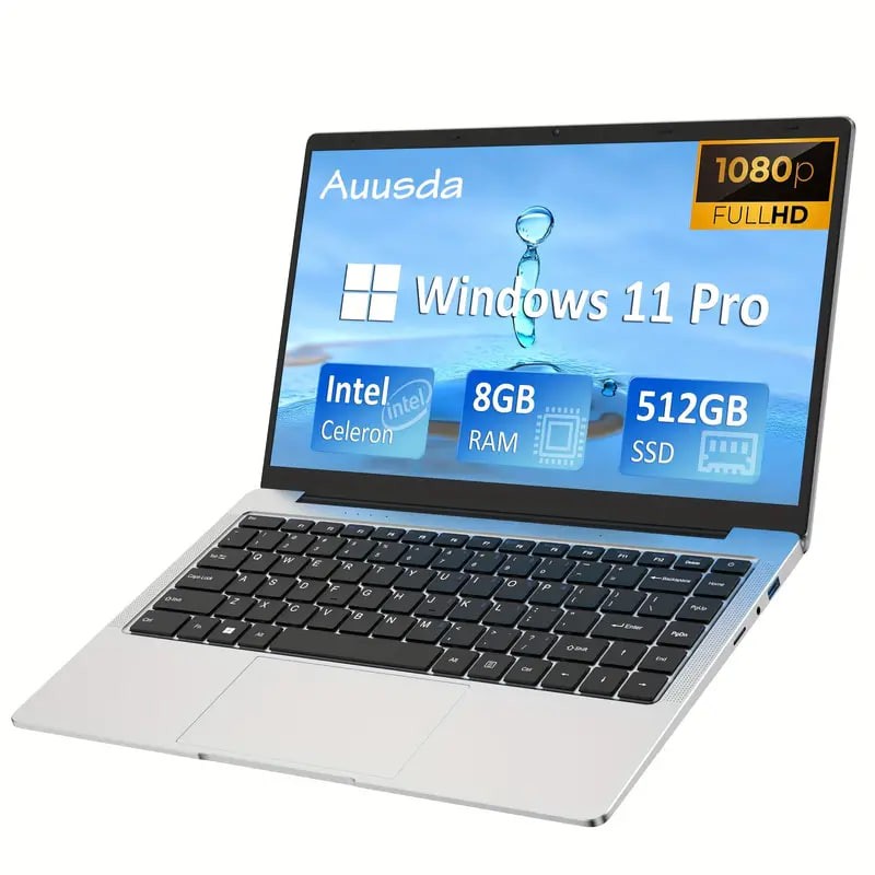 Auusda Laptop With 8GB LPDDR4 512GB SSD, Intel Celeron J4125 Up To 2.5 GHz, 14.1" 1920x1080 IPS, Webcam, Mini HD, USB-A X 2, Micro SD Card Slot, Windows 11 Pro, Expandable Storage