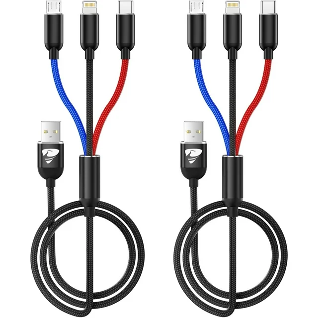 2 Pack Multi Charging Cable, 3 in 1 Multi Phone Charger Cable Fast Charging Cord with Lightning, USB C and Micro USB Cable, for iPhone iPad Samsung Android Phone, Black