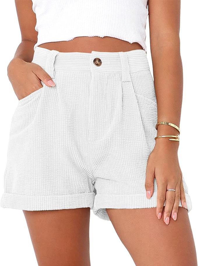 Danedvi Womens Summer Shorts Mid-Waist Cuffed Hem Corduroy Shorts with Pockets