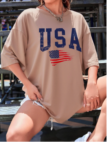 Khaki American Flag And Letter Graphic Drop Shoulder Tee Sz XS S M L XL