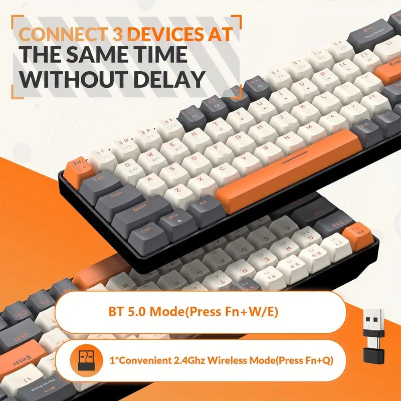 K68 60% Wireless Mechanical Keyboard, Wireless 5.0/2.4GHz With Dual Mode 2-in-1 Receiver, Compact 68-Key Hot Swappable Gaming Keyboard For PC Mac Xbox Smartphone