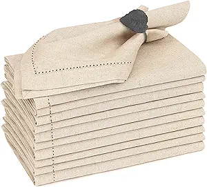 Ruvanti Premium Linen Napkins Set of 12-20x20 Inch, Classic Hemstitch, Mitered Corner Cloth Napkins‎‎ - Soft, Elegant Dinner Napkins Cloth Washable for Weddings, Parties, Everyday Use - Natural