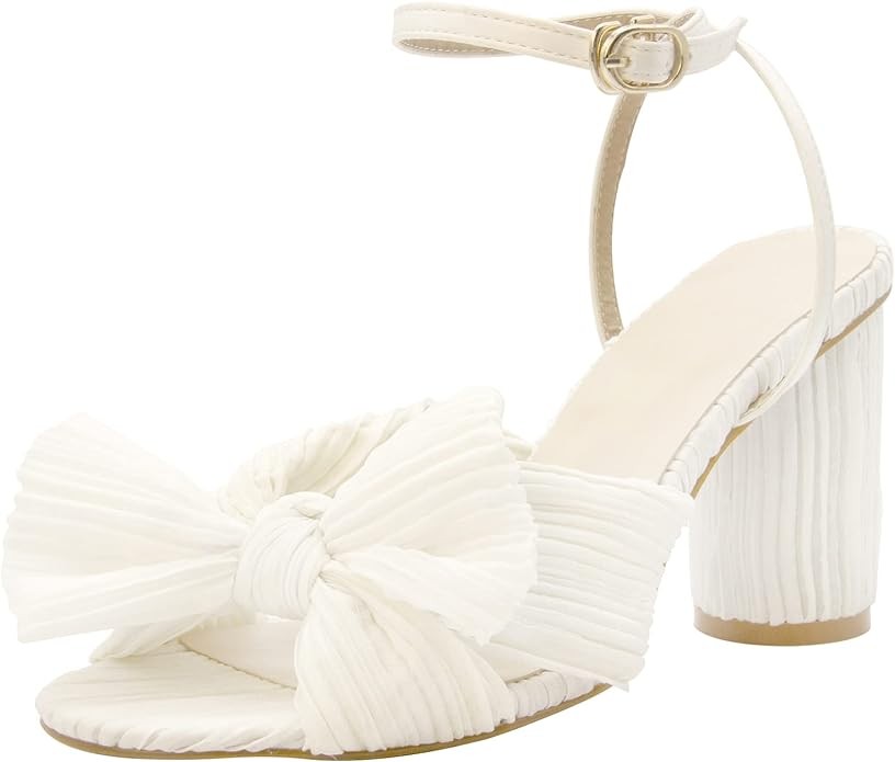 MUCCCUTE Women's Bow Knot Heeled Sandals Ankle Buckle Strap Chunky Heeled Open-toe Comfortable Wedding Party Fashion Heeled Sandals…